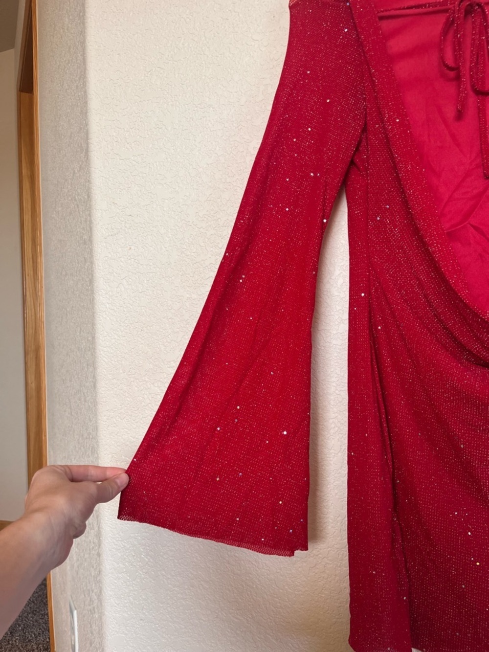 Women’s Sparkly Red Long-Sleeve Mini Dress with Open Back - Picture 8 of 12